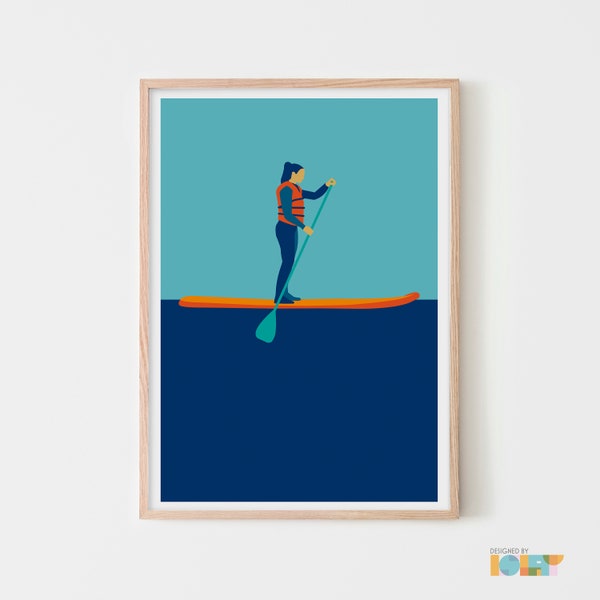 SUP art print illustration | Female Stand Up Paddle Boarder | Skin Tone options | Vector Art | Colourful