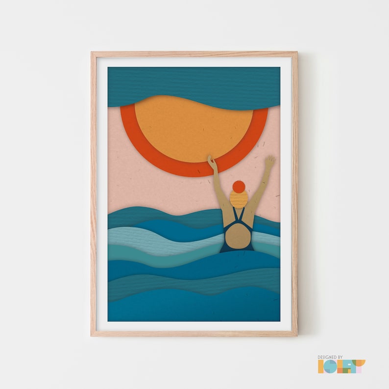 Orange, pink and blue sea swimming print including sun, waves and female with hands up in joy in portrait format