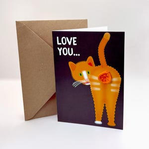 May include: A greeting card with a dark purple background featuring an orange tabby cat looking back over its shoulder. The cat has white stripes and a white patch on its face. The text LOVE YOU... is printed in white in the upper left corner.