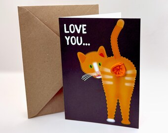 Funny Cat Balloon Card | Love You Butt Card | Orange Ginger Cat Greeting Card | Humorous Anniversary Card | Cat Lover Gift
