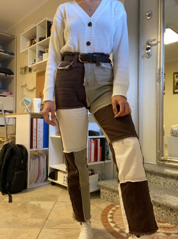 Brown Patchwork Jeans Grunge 90S Women 