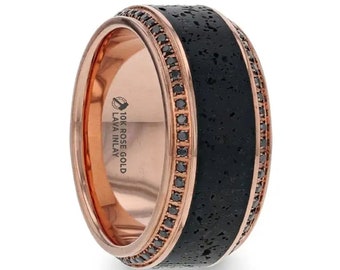 Lava Inlaid 10K Rose Gold Men's Wedding Band With Black Diamonds Around Polished Edges - 10mm