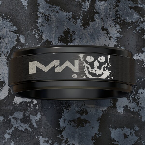 Ghost from Call of Duty Video Games Engraved Black Tungsten Spinner Ring - 4mm - 12mm