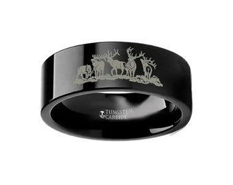 Tier Landschaft Szene fünf Hirsch Hirsch Jagd Ring eingraviert Flach Schwarz Wolfram Ring - 4mm - 12mm