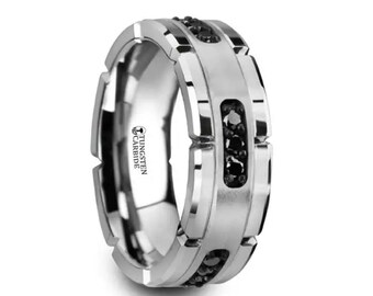 Grooved Tungsten Ring With Silver Inlay & Black Diamonds - 8mm