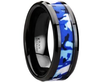 Black Ceramic Ring With Blue And White Camouflage Inlay - 8mm