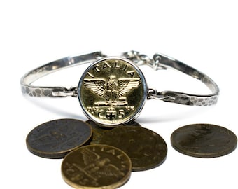 silver and coin bracelet for men, handmade sterling silver bracelet, vintage coin from Italy, coin with eagle design