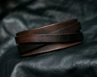 Bracelet en cuir marron fait main, bande large, unisexe