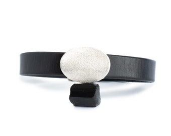 Handgemachte Schwarze Leder Armband, Sterling Silber Verschluss, Italienisches Design