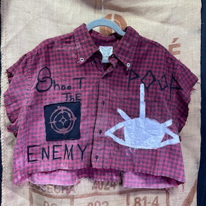 Upcycled Flannel Shirt: Cropped, Patchwork, Bleach Dye, Hand-Painted Accents XL