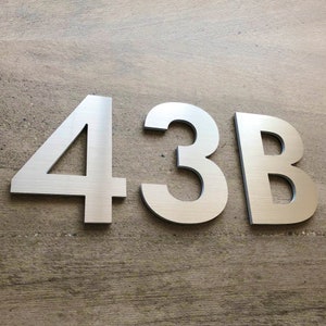 Modern Flat House Numbers - 4inch tall - Brushed Aluminium - Self Adhesive - Weatherproof - H&NAccents®