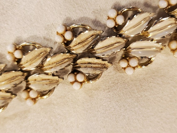 Cora White Enamel Leaves And Faux Pearl Bracelet/… - image 5