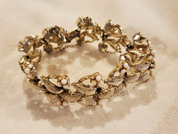 Cora White Enamel Leaves And Faux Pearl Bracelet/… - image 6