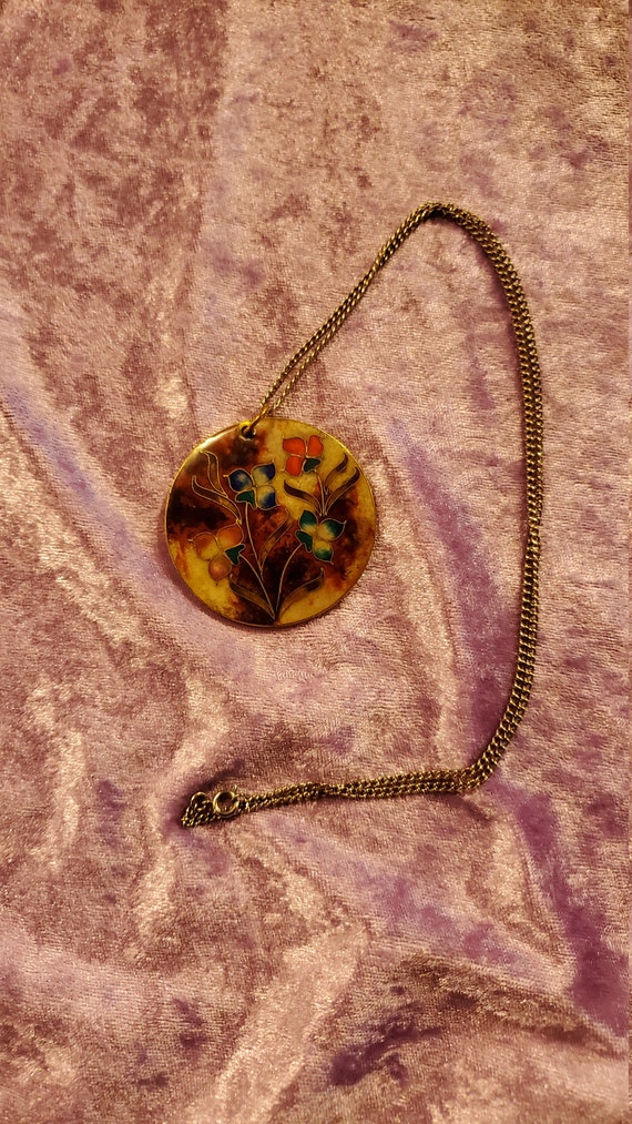 Vintage Kloison Enamel Floral Pendant Necklace Wit