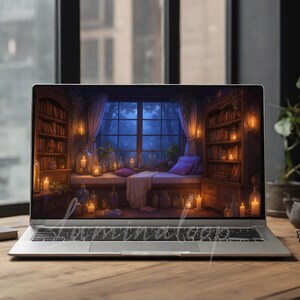 May include: A laptop screen shows a fantasy scene of a room with bookshelves, candles, and a window overlooking a forest. The laptop is on a wooden desk with a notebook and potted plants.
