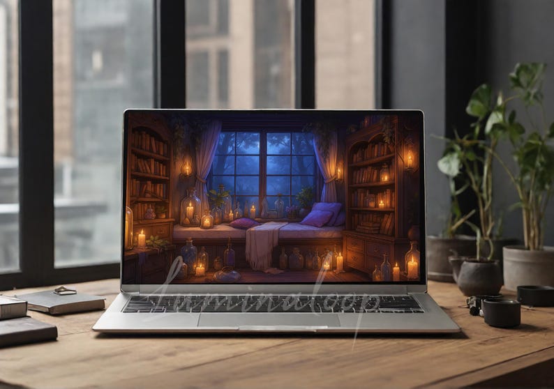 May include: A laptop screen shows a fantasy scene of a room with bookshelves, candles, and a window overlooking a forest. The laptop is on a wooden desk with a notebook and potted plants.