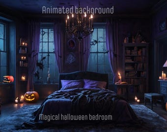 Animated Halloween Bedroom Background: Cozy Lofi twitch Stream Overlay