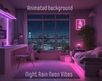 Night Rain Neon Lofi Animated Background: Cozy Stream Overlay