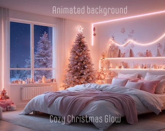 May include: A cosy bedroom decorated for Christmas with a white bed, pink bedding, and two Christmas trees. The room is lit with warm white fairy lights and has a window with a view of a snowy night.