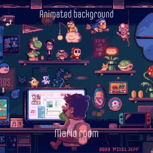 以下が含まれることがあります： スーパーマリオブラザーズのビデオゲームシリーズの様々なキャラクターや要素を備えた、マリオをテーマにした部屋のピクセルアートイラスト。画像には「Animated background」と「Mario room」というテキストが含まれています。