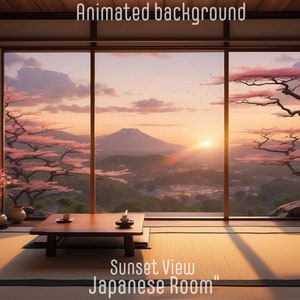 Puede incluir: Una habitación de estilo japonés con vista a una cordillera y una puesta de sol a través de una gran ventana. La habitación tiene un suelo de madera, una mesa baja y una puerta corredera tradicional. El texto "Sunset View Japanese Room" está en la parte inferior de la imagen.
