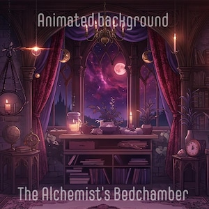 May include: An animated background of an alchemist's bedroom, featuring a large window with a view of a purple night sky and a full moon. The room is filled with candles, books, and antique furniture, creating a mystical atmosphere.