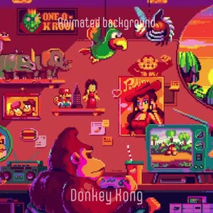 May include: Pixel art animated background featuring Donkey Kong, video game characters, and a retro aesthetic. The scene includes a TV, posters, and various pixelated objects, with the text "Animated background" and "Donkey Kong".