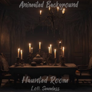 May include: A dark, dimly lit room with a long wooden table set for a spooky dinner. The table is decorated with candles, a large black cauldron, and other Halloween-themed decorations. The room is decorated with cobwebs and other spooky details. The text "Haunted Room" and "Lofi. Seamless" is visible in the image.
