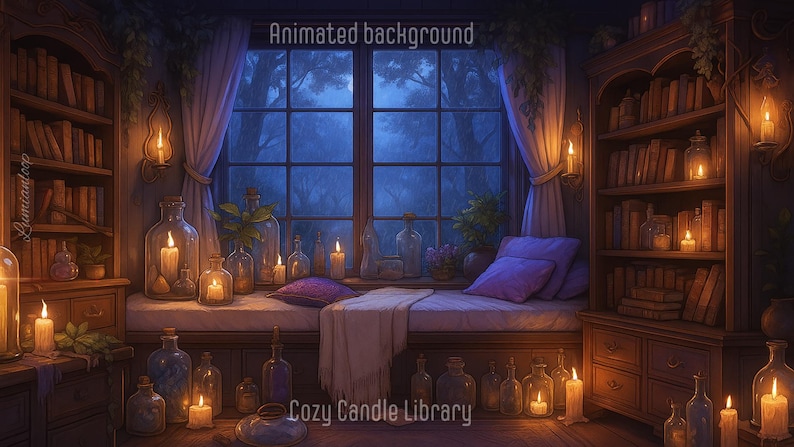 May include: An animated background of a cosy candle library. The scene features a window with a view of a forest, bookshelves, candles, and a reading nook with purple pillows. The text "Animated background" and "Cozy Candle Library" are visible.