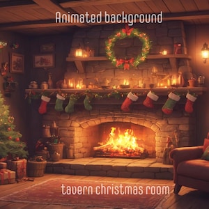 May include: A cozy Christmas scene with a fireplace, a decorated Christmas tree, and a comfortable armchair. The fireplace has a roaring fire and is decorated with stockings. The room is lit by candles and string lights, creating a warm and inviting atmosphere. The text "tavern christmas room" is displayed at the bottom of the image.