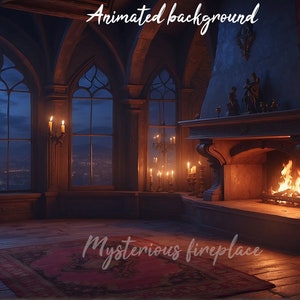 Könnte beinhalten: Ein schwach beleuchteter Raum mit einem großen Fenster, das einen Blick auf eine Stadt bei Nacht bietet. Der Raum hat einen Kamin mit einem knisternden Feuer, zwei rote Samt-Sessel und einen roten Teppich auf dem Boden. Der Text "Animated background" befindet sich oben im Bild und "Mysterious fireplace" unten im Bild.