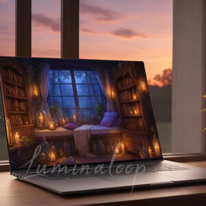 May include: A laptop screen shows a detailed illustration of a room with a window, bookshelves, and candles. The image on the screen features a window seat with pillows, candles, and bottles. The laptop is on a wooden surface, with potted plants nearby.