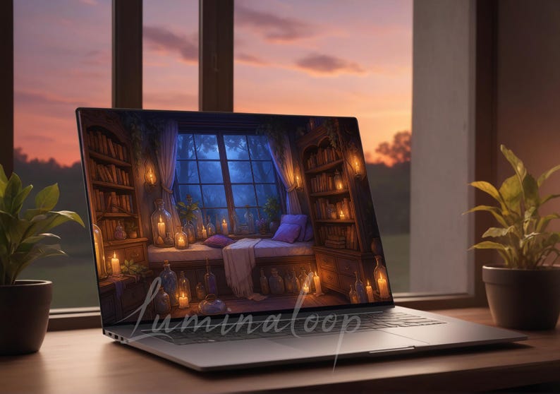 May include: A laptop screen shows a detailed illustration of a room with a window, bookshelves, and candles. The image on the screen features a window seat with pillows, candles, and bottles. The laptop is on a wooden surface, with potted plants nearby.