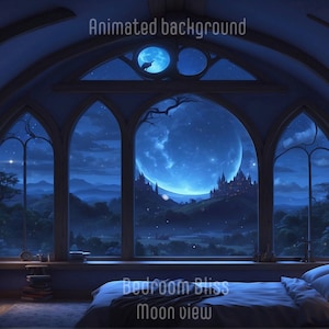 Può includere: Una camera da letto con una grande finestra che si affaccia su un cielo notturno con luna piena e un castello in lontananza. La stanza è decorata in uno schema di colori blu e bianco e presenta un letto con lenzuola e cuscini bianchi. Il testo "Bedroom Bliss Moon view" è visibile sul letto.