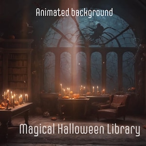 ANIMATED BACKGROUND | Magical Halloween Library | Lofi Cozy Ambience Looped Vtuber Twitch horror Stream  Background