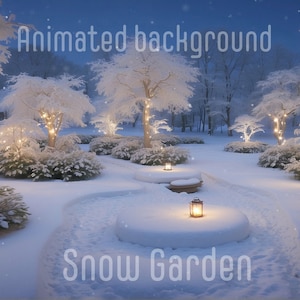 Może przedstawiać: Zimowa scena ze śniegiem, z drzewami pokrytymi śniegiem i migocącymi światełkami. Ścieżka prowadzi do latarni w centrum obrazu. Tekst "Snow Garden" znajduje się na dole obrazu.