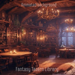 Op de afbeelding: Een zwak verlichte fantasy-tavernbibliotheek met houten planken vol boeken, een groot raam en verschillende houten tafels en stoelen. De tekst "Fantasy Tavern Library" is zichtbaar onderaan de afbeelding.