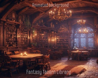 May include: A dimly lit fantasy tavern library with wooden shelves filled with books, a large window, and several wooden tables and chairs. The text "Fantasy Tavern Library" is visible at the bottom of the image.