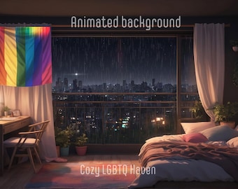 Cozy LGBTQ Haven Animated Stream Background: Virtual Vtuber Room