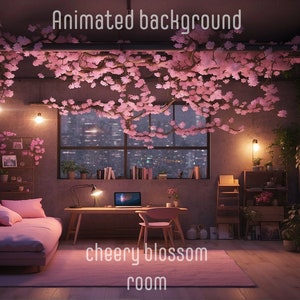 Può includere: Un divano rosa con cuscini in una stanza con una grande finestra e un albero di ciliegio in fiore appeso al soffitto. Il testo "cheery blossom room" è scritto sul pavimento.