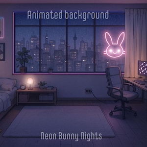 Könnte beinhalten: Eine digitale Illustration eines Schlafzimmers mit einem Bett, einem Schreibtisch, einem Stuhl und einem Fenster mit Blick auf eine Stadtlandschaft bei Nacht. Das Fenster hat ein neonpinkes Kaninchen-Schild mit der Aufschrift "Neon Bunny Nights".
