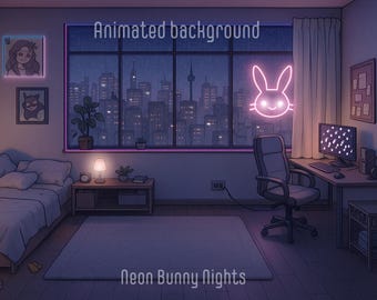 ANIMATED BACKGROUND | Neon Bunny Nights | Lofi Cozy Fantasy Looped Vtuber Twitch Stream Overlay Background