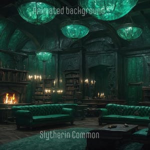 Puede incluir: Interior digital de la sala común de Slytherin, con paredes, muebles e iluminación verde esmeralda. La habitación incluye sofás con mechones, una chimenea, estanterías y candelabros ornamentados. El texto "Slytherin Common" es visible.