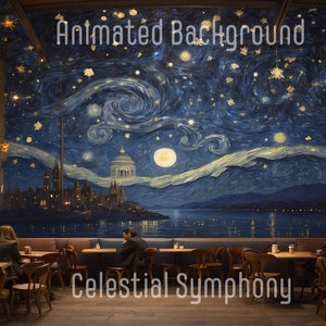 May include: A cafe interior with a large mural of a starry night sky with a city skyline and a full moon. The mural is painted in a style reminiscent of Vincent van Gogh's "Starry Night". The text "Celestial Symphony" is written below the mural.