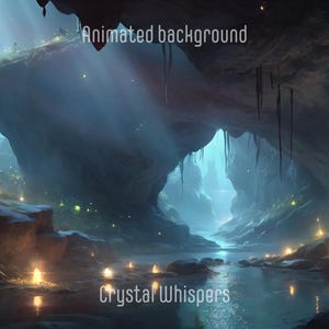 May include: An animated background image of a cave with a river and glowing lights. The cave has large rock formations and a light source shining through the opening. The text "Animated background" and "Crystal Whispers" are visible.