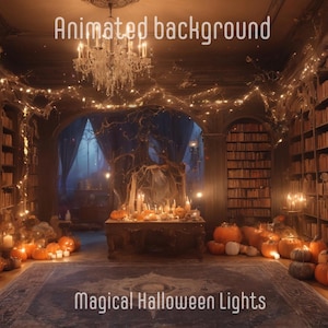 May include: A dark, spooky library with a large chandelier, bookshelves filled with books, and a table with candles and pumpkins. The text "Magical Halloween Lights" is at the bottom of the image.