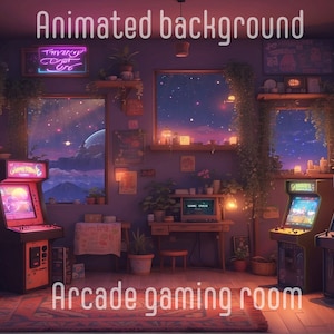 Peut inclure: Une salle de jeux d'arcade rétro avec une vue nocturne étoilée à l'extérieur des fenêtres. La pièce est décorée de plantes, de lampes et d'affiches. Il y a quatre bornes d'arcade avec des écrans lumineux et des graphismes colorés. Le texte "Arcade gaming room" est écrit sur le sol.