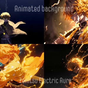 May include: Digital artwork of a character with spiky yellow hair and a yellow and orange patterned outfit, surrounded by yellow lightning and holding a sword. The image includes the text "Animated background" and "Zenitsu Electric Aura".