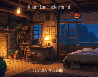 Animated Cozy Tavern Bedroom Background: Looped Stream Overlay (MP4 Video File