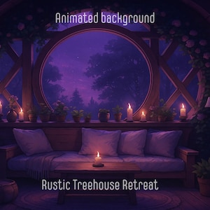 Puede incluir: Un fondo animado de un refugio rústico en una casa del árbol. El interior presenta un sofá acogedor, velas encendidas y una gran ventana redonda con vistas a un cielo nocturno púrpura. El texto "Animated background" y "Rustic Treehouse Retreat" son visibles.